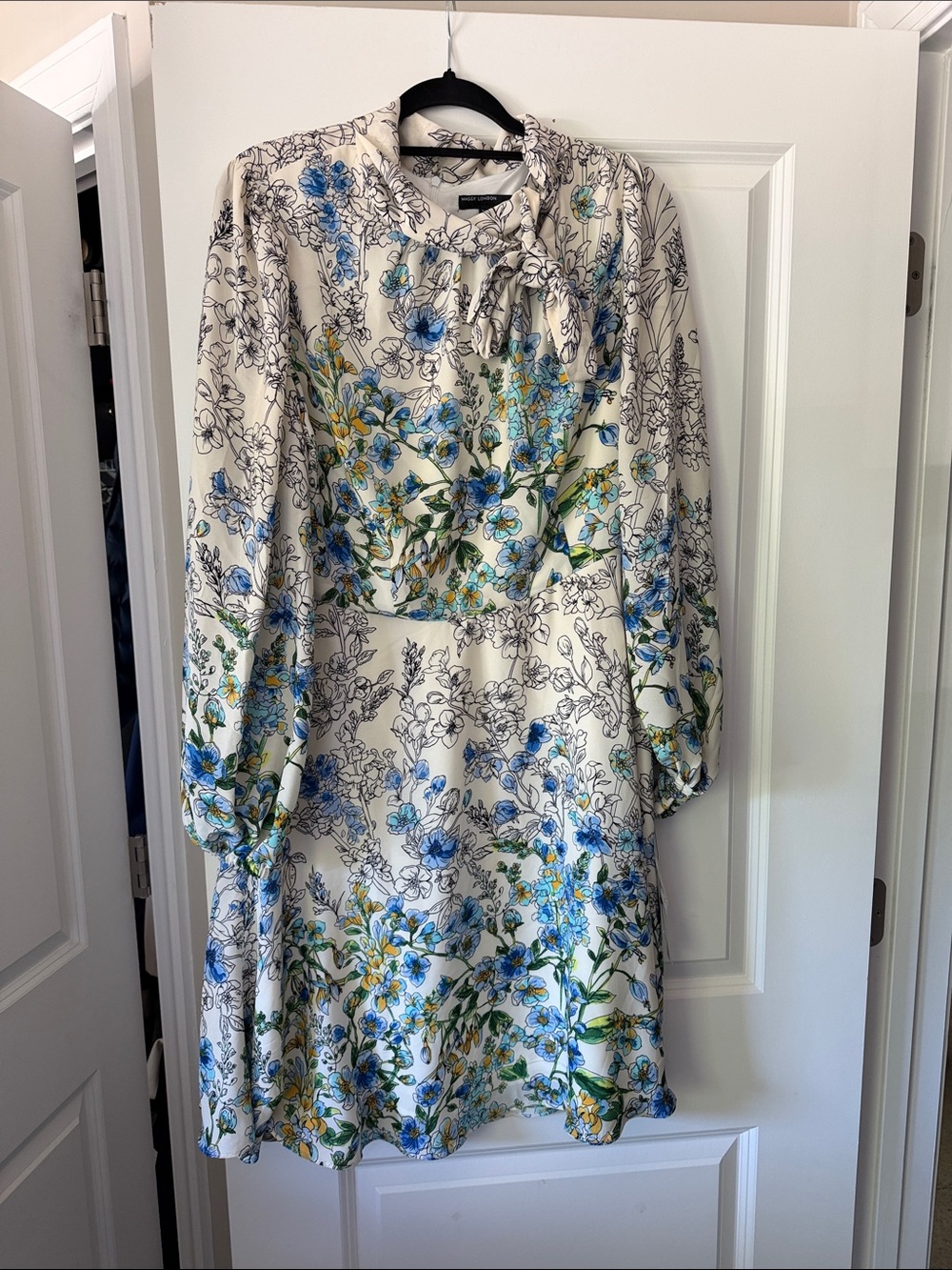 Maggy London Cream Long-Sleeve Tie-Neck Floral Dress with Blue and Green Print